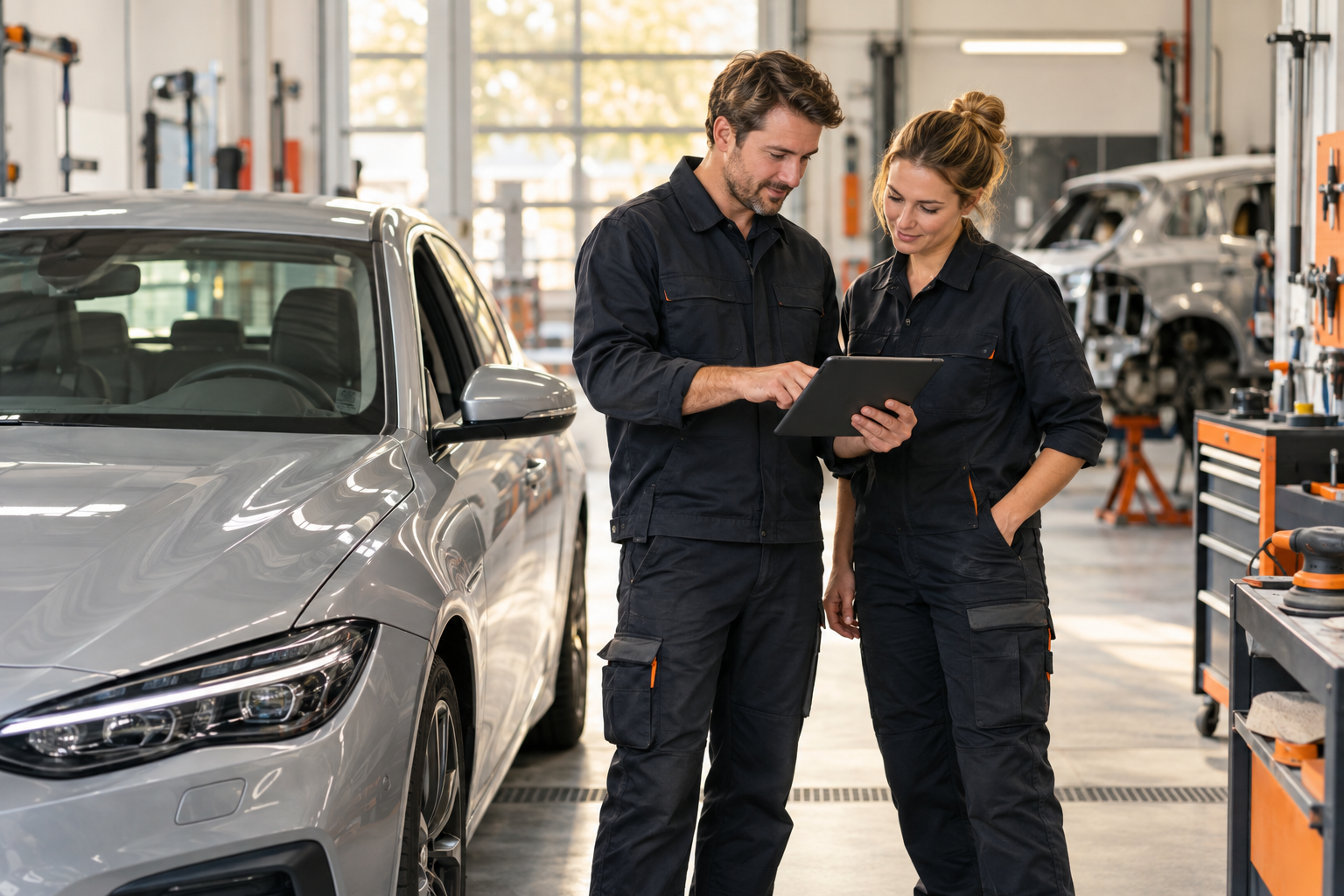 Reparaturfachkräfte prüfen gemeinsam Vorgangsdaten an einem Fahrzeug